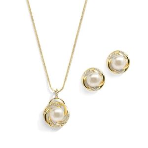 NWT Flower Pearl Necklace Earrings Set with CZ Crystal Jewelry Golden